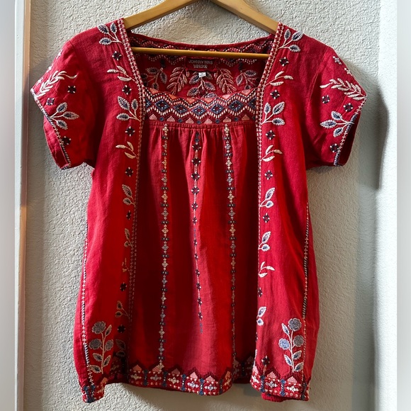Johnny Was Tops - Johnny Was Workshop Red Embroidered Short Sleeve Top-Size XS